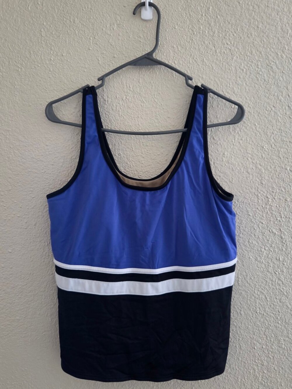 L.L.Bean Womens Tankini Swim Top 16 Blue Black Striped UPF 50 Scoop Neck